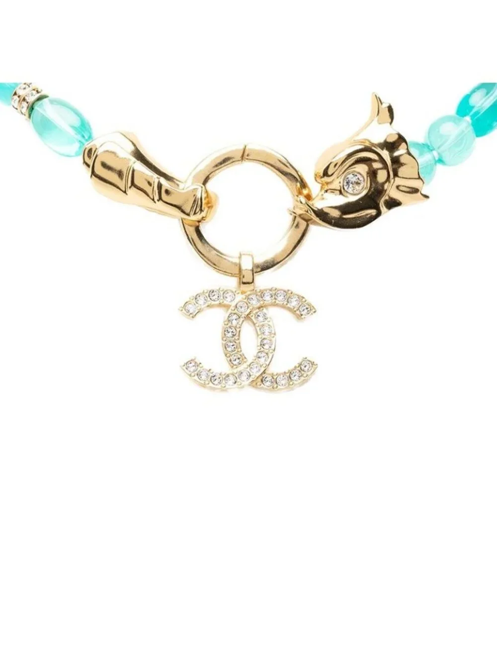 Chanel CC Logo Necklace Gold Blue Plated Rhinestone
